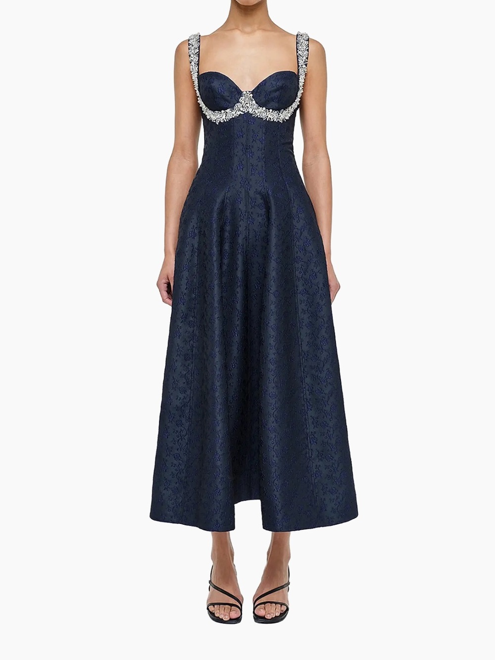Simkhai Charlotte Navy Midi Dress with Crystal-Embellished Straps